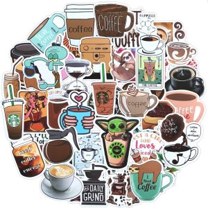 Coffee Stickers 50 Pcs Cool and Fun Coffee Sticker Pack Waterproof Vinyl Stickers Decals for Hydro Flask Water Bottles Laptop Coffee Maker Table Cup S