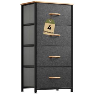 DWVO 4 Drawers Dresser, Small Dresser, Fabric Storage Tower, Chest of Drawers, Organizer Unit for Closets, Living Room, Sturdy Steel Frame, Wooden Top