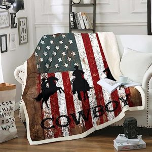 Erosebridal Western Rustic Blanket for Cowboys Cowgirls Farmstyle Throw Blanket, Vintage American Flag Fleece Blanket Wild Animal Print Fuzzy Blanket