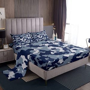 Feelyou Camouflage Bed Sheet Set Camo Bed Sheets Military Style Sheets Blue Sheet Set for Boys Girls Children Teens Microfiber Twin