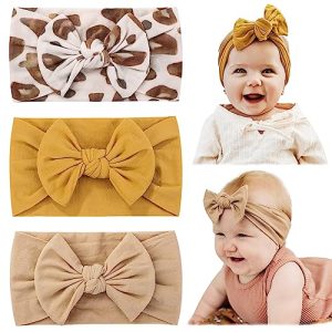 jollybows 3PCS Baby Nylon Headbands Hairbands Hair Bow Elastics for Baby Girls Newborn Infant Toddlers Kids (6-Khaki+Mustard+Leopard, 1 Count (Pack of