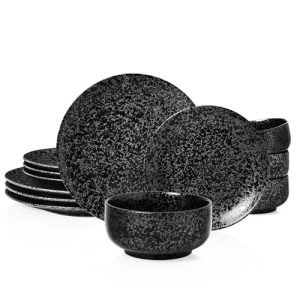 Kanwone Porcelain Dinnerware Sets for 4, Round Plate and Bowl Sets, 12 Piece Dish Set with Dinner Plates, Dessert Salad Plates and Cereal Bowls, Micro