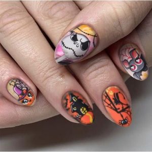 Medium Coffin Press on Nails Halloween Fake Nails Colorful Matte False Nails with Bats Cobweb Designs Acrylic Glue on Nail Glossy Full Cover Stick on