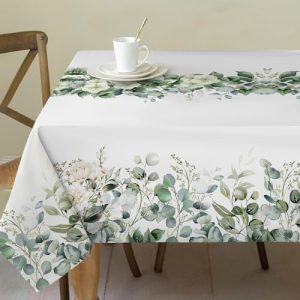 Spring Tablecloth 52x70 Inches, Floral Tablecloth Eucalyptus Spring Decorations for Home, Water-Resistant Spring Table Cloth Rectangle for Party,Table