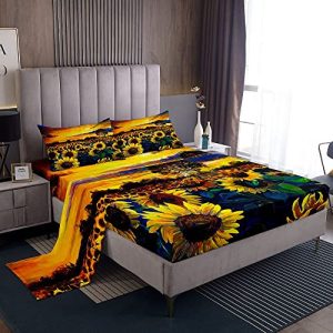 Sunflowers Bed Sheet Set Floral Print Bed Sheets Yellow Flowers Pattern Sheets Sunflowers Oil Painting Sheet Set for Adults and Teens Microfiber Full