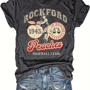 TEMU Women's Vintage Peaches Graphic T-shirt - 1945 Retro Design, Soft Gray, Regular Fit Round Neck, Casual Top With Applique Lettering & Machine