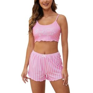 YIJIU Women's Pajamas Set Camisoles Sleepwear Lingerie Cute Print Lettuce Trim Cami Top and Shorts Nightwear Large Pink