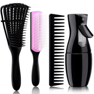 4pcs Curly Hair Brush Set for Adult & Kids, Wet or Dry Hair Detangling Brush for 3/4ABC Hair, Wide Tooth Comb with Detangler Spray Bottle (3+1, Purple
