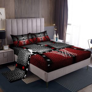 Basketball Sheets with Deep Pocket Fitted Sheet Twin Size Basketball Gaming Bed Sheets Set Basketball Frame Black with Red Sheet Set for Kids Sports G