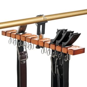 Belt Hanger for Closet, Innovative Design to Prevent Tipping/Alder Wood/ 12 Slots + 10 Hooks, Belt Rack, Versatile Belt Organizer Also for Ties (Wood)