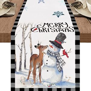 Buffalo Merry Christmas Table Runner: Snowman Snowflake Deer Tablecloth for Kitchen Dining Table Decor, Farmhouse Winter Seasonal Xmas Holiday Home Pa
