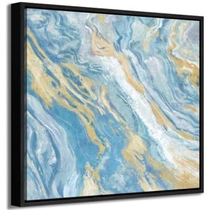 Canvas Wall Art-Blue Bathroom Wall Art Framed Abstract Beach Coastal Ocean Themed Wall Picture Modern Small Fluid Flow Artwork Sea Canvas Print for Be