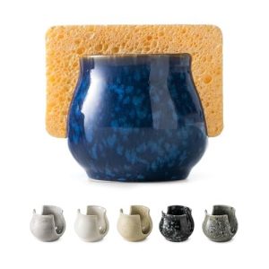 Ceramic Sponge Holder, Kitchen Sink Scrub Caddy Organizer Dish Sponge Dish Rack for Scrubbers, Bathroom, Sink, Blue Blue Barrel-type