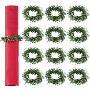 Christmas Napkin Rings Set of 12 - Small Artificial Pine Needles Wreath Napkin Holder, Christmas Holiday Napkin Rings for Banquet Table Decorations, D