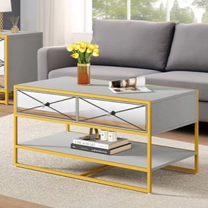 DWVO Coffee Table for Living Room, Storage Coffee Table with Mirrored,Coffee Table with Storage,Living Room Coffee Table for Home Office, Silver Grey/