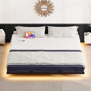 DWVO King Size Floating Bed Frame, LED Bed Frame with USB Port, King Metal Platform Bed with Heavy Duty Steel Slats, No Box Spring Needed, Easy Assemb