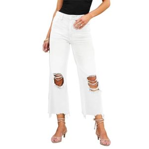 FQFGGYD Women's Ripped Jeans Trendy High Waisted Flare Wide Leg Pants Cropped Jeans Stretchy Denim Pant Straight Leg Jeans White