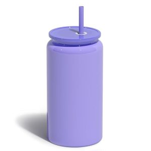 Glass Cups with Lids and Straws, 16oz Stainless Steels Cups, Beer Cups, Iced Coffee Cup, Smoothie Cup, Sublimation Tumbler, Purple (Smooth Polished Fi