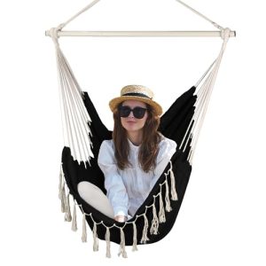 Hammock Chair Swing Outdoor Indoor, Macrame Hanging Chair with Pocket for Bedroom & Outside, Black
