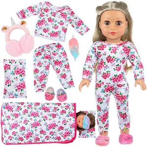K.T. FANCY 8 PCS 18 Inch Girl Doll Accessories Sleeping Bag Set Butterfly Flower of Sleeping Bag Clothes Pillow Pink Eye Mask Slipper Earmuffs