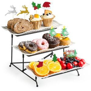 LAUCHUH Tiered Serving Stand, 3 Tier Serving Tray Porcelain Serving Trays, Collapsible Sturdier Stand with 2 Cross Bars, Serving Platters for Party, E
