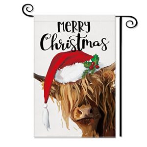 Merry Christmas Cow Garden Flag: Highland Cow with Santa Hat Premium Burlap Yard Flag 12x18 Inch Double Sided - Red Holly Farmhouse House Outdoor Deco