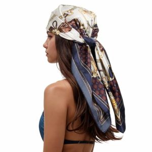 RIIQIICHY Head Scarf for Women Like Silk Scarf Hair Scarf Printed Square Scarf Bandanas for Women 35 Inches Navy/Gold
