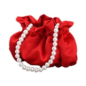 Small Wristlet Purses Mini Bucket Bag Women Hobo Bag with Faux Pearl Chain (Red)