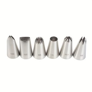TEMU Common Medium Size 6pcs Piping Tips Set, 6-tip Round & 8-tip Cookie Cake Decorating Creamer Baking Tool Icing Nozzle Stainless Steel