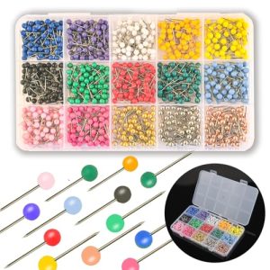 1000 PCS Push Pins Map Tacks,Multi-Color 1/8" Round Head with Stainless Point,15 Assorted Colors for Bulletin Board, Cork Board, World Map Pin Board,