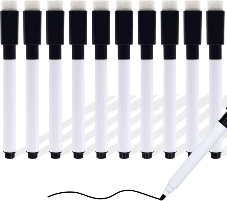 Autoau Whiteboard Stifte, 10 Stück Folienstift Abwischbar Whiteboard Marker Stifte Fineliner Schwarz Dry Erase Marker mit Schwamm für Büro Schule u