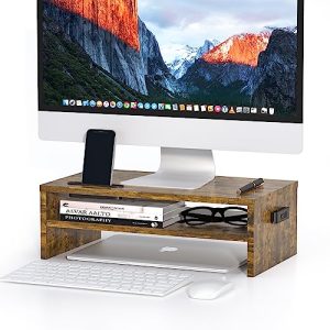 BONTEC Monitor Stand Riser, 2 Tiers Wood Monitor Riser Stand with Storage Organizer, Desktop Ergonomic Monitor Stand Riser with Cellphone Holder and C