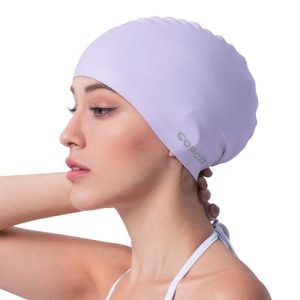 COPOZZ Adult Swim Caps, Silicone Waterproof Comfy Bathing Cap Swimming Hat for Long and Short Hair Purple-12yrs+
