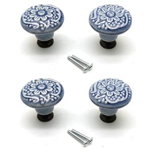 Drawer Knobs Ceramic,4pcs, Knob Decor 1.3" Dia. Grey with Mounting Screws Desk Drawer Knobs Carved Knob 4 Gray