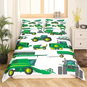 Erosebridal Equipment Trucks Duvet Cover, Excavators Comforter Cover Twin Size Green Vehicle Quilt Cover for Child Kids Child Boys Teens Construction