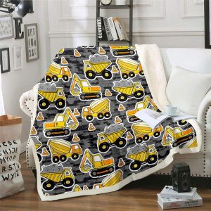 Erosebridal Excavator Flannel Blanket Equipment Truck Sherpa Blanket Children Cartoon Construction Tractor Fuzzy Blanket for Kids Boys Yellow Vehicle