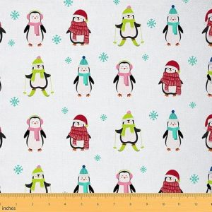 Feelyou Penguin Upholstery Fabric for Chairs, Cartoon Kawaii Winter Penguin Fabric by The Yard, Skateboard Winter Sports Decorative Fabric for Upholst