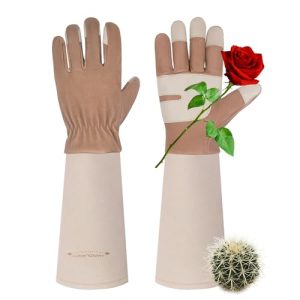 HANDLANDY Long Gardening Gloves for Men & Women, Thorn Proof Rose Pruning Gloves Leather Gauntlets Garden Glove Yard Work Glove (Large, Brown) Large (
