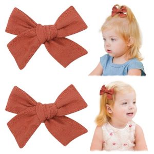 Jollybows 2pcs 3.2" Hair Bows Clips for Baby Girl Toddler Pigtail Bows Neutral Linen Hair Clip Bows -Brick Red 12-Brick Red