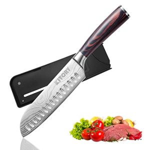 Kitory Santoku Knife 7'' Chef's Knife High Carbon Stainless Steel Asian Kitchen Knife with Sheath Ultra Sharp Cooking Knife, Ergonomic Pakkawood Handl