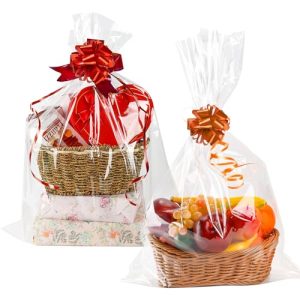 NPLUX Cellophane Wrap for Gift Baskets Bags 10 Pack Large Clear Plastic Gift Bags for Birthday Baby Shower Graduation Wedding (24×30IN) Clear-24×30