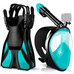 Odoland Snorkeling Packages Set, Full Face Snorkel Mask with Adjustable Swim Fins and Lightweight Backpack, Anti-Fog Anti-Leak Snorkeling Masks Gear f