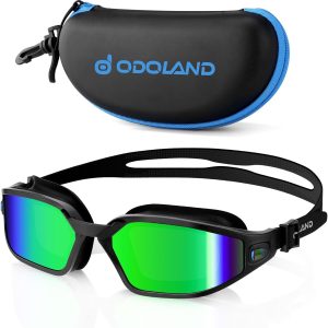 Odoland Swimming Goggles, Swim Goggles with Goggles Case, UV Protection Water Pool Goggles for Adult, Men Women & Youth Mirror Green