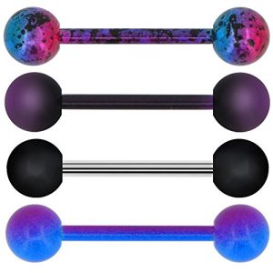 OUFER 4 PCS Stainless Steel 14G Barbell Tongue Rings - Purple Black Splatter Tongue Barbell Piercing Jewelry Style 1