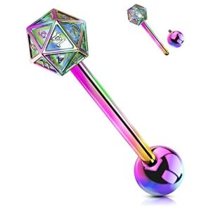 OUFER Tongue Rings - 316L Surgical Steel Internally Threaded Jewelry, Icosahedron Dice Design, 14G for Women and Men Rainbow