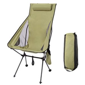 Sequpr Ultralight High Back Outdoor Folding Camping Chair, Lightweight Beach Lounge Chair with Pillow and Cup Bag, Compact Backpacking Chair for Trave