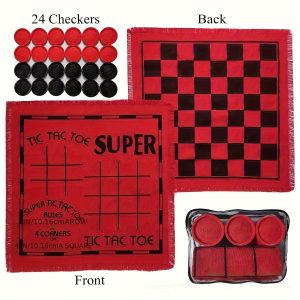 TEMU Vintage Super Tic Tac Toe And Checkers Set With 24 Checkers Pieces, Reversible Rug For Outdoor Activities And Adults, Board Games, Lawn Games,