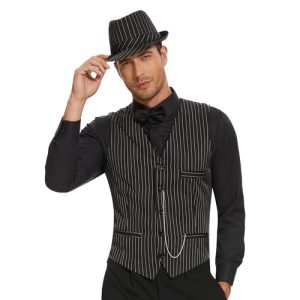 1920s Mens Costume Roaring 20s Costumes Outfit with Gangster Vest,Fedora Hat,Bow tie