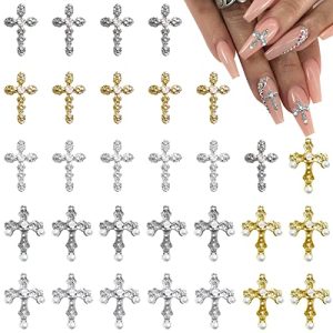 3D Cross Nail Charms, 30pcs Cross Nail Decorations for Nail Art, Pearl Gems Diamond Nail Decor, Metal Alloy Crystal Rhinestones Nail Studs for Women G