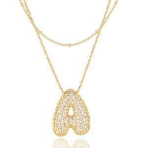 Bubble Letter Necklace Gold for Women，Layered Plated Initial Pendant Puffy Zircon Name Personalized Necklaces Fashion Jewelry for Gifts Letter S